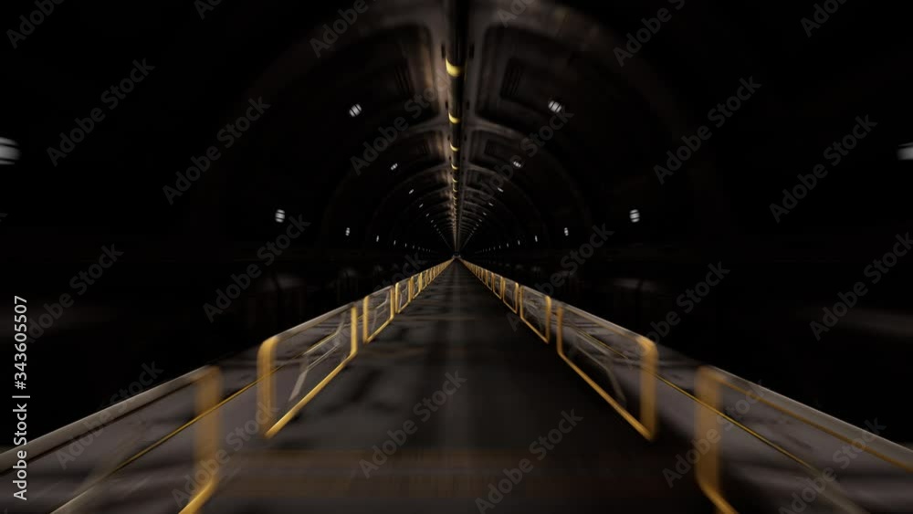 Acceleration and slow braking in dark sci-fi steel tunnel. Alien space futuristic concept of long tunnel. Blur fast forward moving. Abstract psychedelic tube, travelling in time. 3D computer render