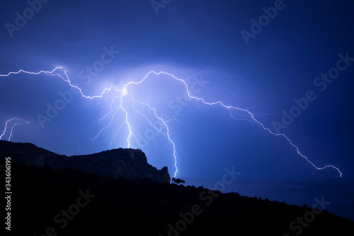 Powerful multiple thunderbolt over the Black sea coast in Crimea