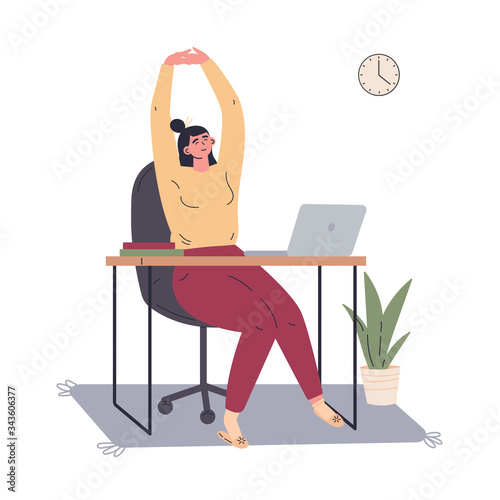 Woman working remotely during quarantine at home.Freelancer working on computer and doing exercises.Young woman sitting at the desk at home.Vector colorful illustration.Flat cartoon character