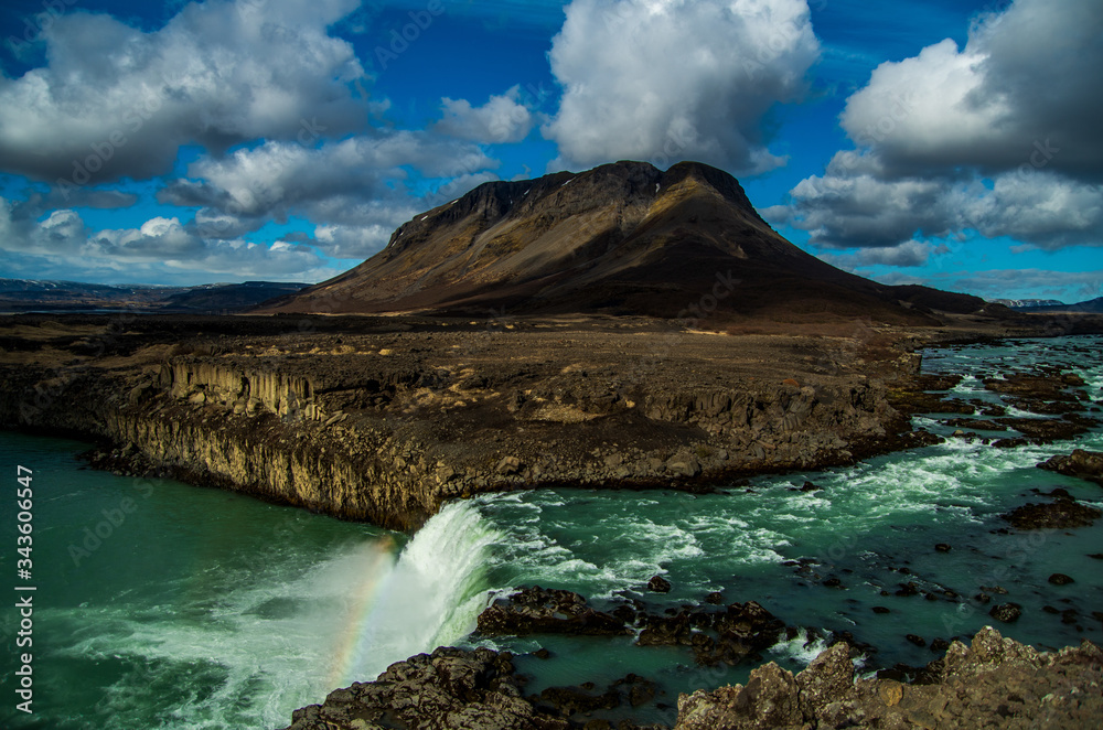 Small rainbow in Thjofafoss waterfall, Iceland