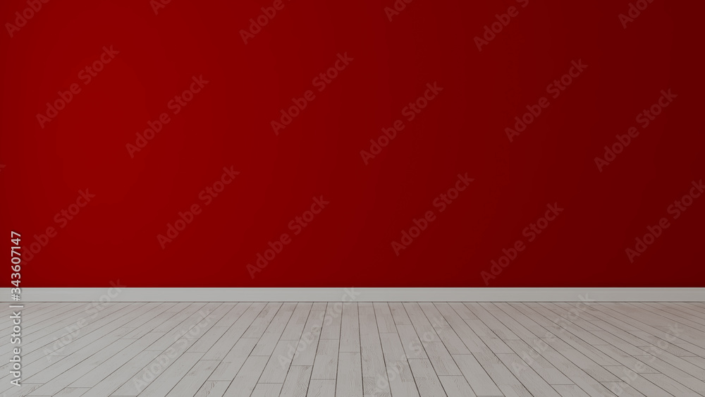 Empty room with painted red wall and white wooden floor realistic 3D rendering Empty room with painted red wall and white wooden floor realistic 3D rendering