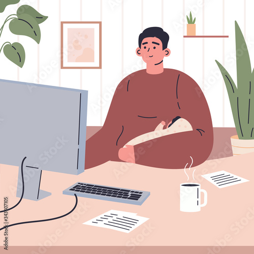 Young father working remotely during quarantine at home.Working on computer in a child care decree.Happy man spends time at home with baby.Vector colorful illustration.Flat cartoon character