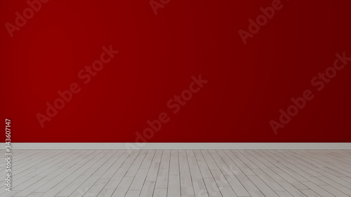 Empty room with painted red wall and white wooden floor realistic 3D rendering