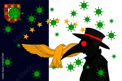 Black plague doctor surrounded by viruses with copy space with AZORES ISLANDS flag.