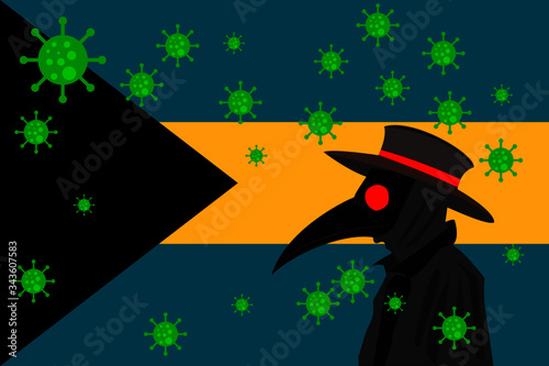 Black plague doctor surrounded by viruses with copy space with BAHAMAS flag.