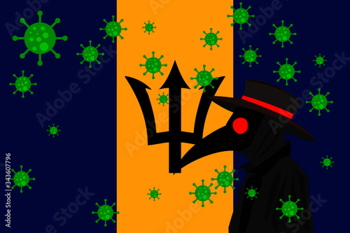 Black plague doctor surrounded by viruses with copy space with BARBADOS flag.