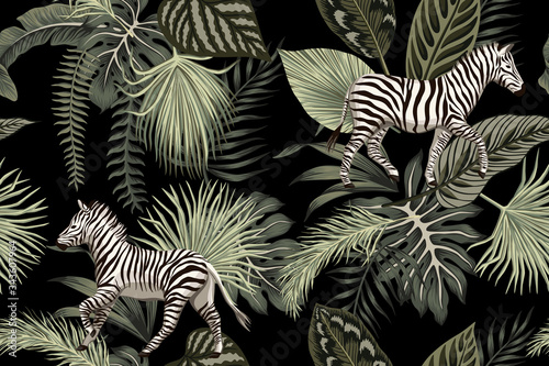 Tropical floral palm leaves, zebra animal seamless pattern black background. Exotic jungle wallpaper.