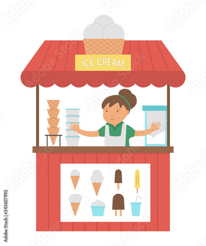 Vector ice cream stall with seller. Flat ice-cream stand illustration. Beach dessert shop. Cute summer picture for kids..