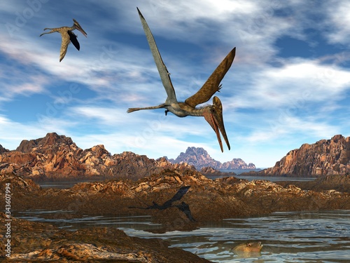 Pterodactylus flying upon water by sunset light - 3D render