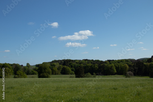 View over hilly landscape with meadows, trees and forests in spring