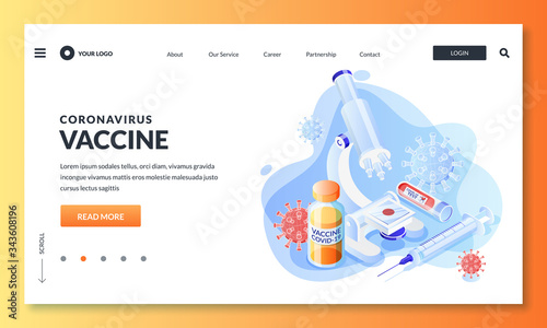 Research development of covid-19 vaccine. Coronavirus vaccination concept. Vector lab equipment isometric illustration