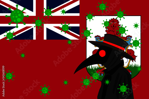 Black plague doctor surrounded by viruses with copy space with BERMUDA flag.