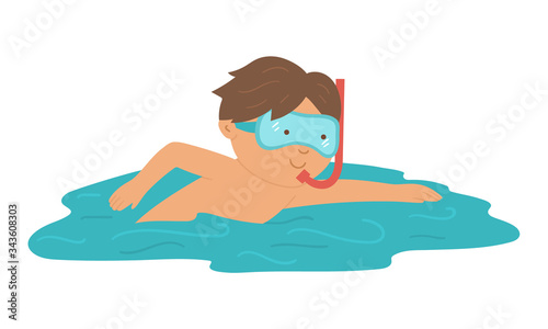 Vector kid swimming in the sea. Child doing beach activity. Cute boy in the water with diving mask and snorkel. Fun summer illustration.