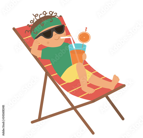 Vector kid relaxing on a deck chair and drinking lemonade. Child doing beach activity. Cute boy isolated on white background. Fun summer illustration.