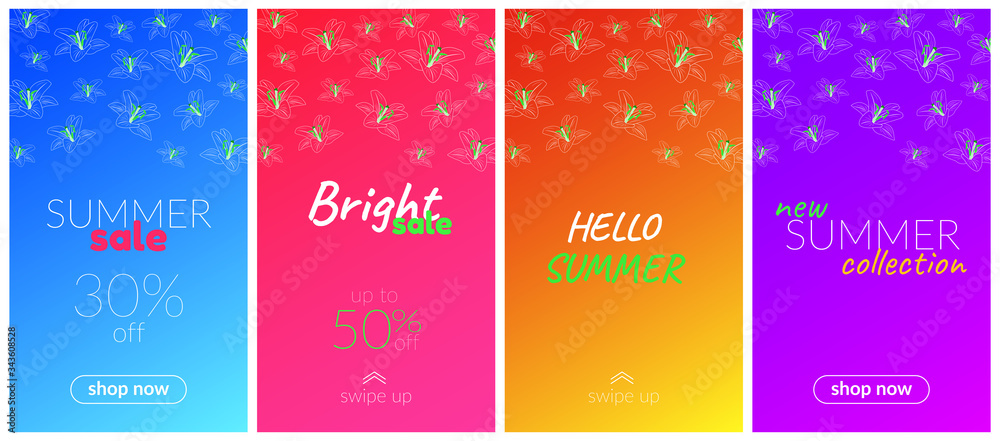 Vector set of vertical banners for storyboards. Bright gradient backgrounds with lilies, florals, summer sale concept, shopping, advertising.