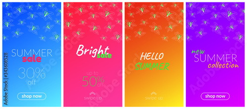 Vector set of vertical banners for storyboards. Bright gradient backgrounds with lilies, florals, summer sale concept, shopping, advertising.