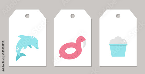 Set of vector summer gift tags, labels with dolphin, ice cream, flamingo inflatable ring. Funny vacation or holidays card templates with cute beach objects. .