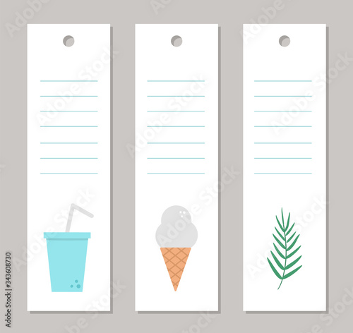 Set of vector summer bookmarks with palm tree leaf, ice cream, drink. Funny vacation or holidays vertical card templates with cute beach objects. .