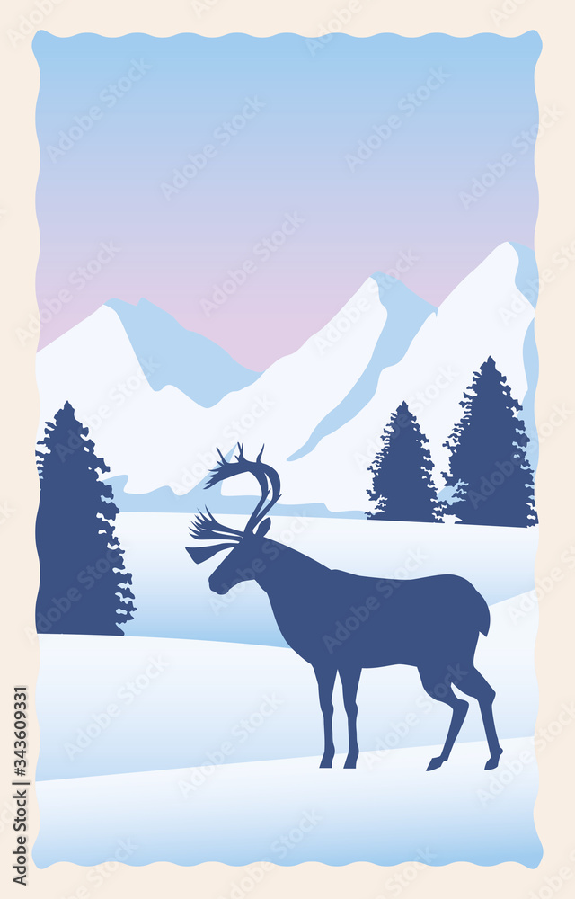 snowscape flat scene with mountains and deer snowscape flat scene with mountains and deer