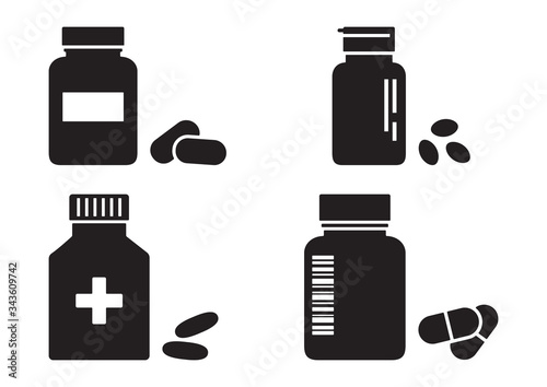 Bottles of pills or vitamins, pharmacy concept, medicine black icons. Vector illustration