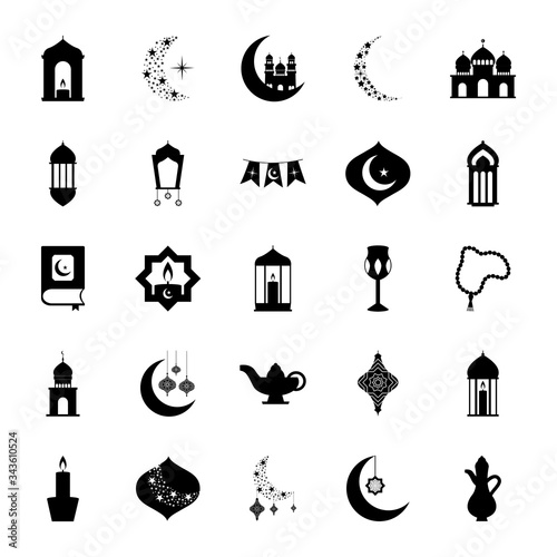 mosque and eid mubarak icon set, line style