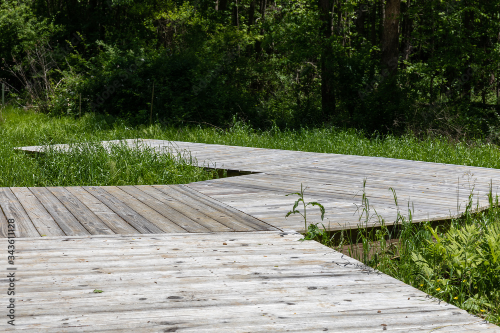 Dead end open boardwalk over wetland area, end of the line journey, horizontal aspect