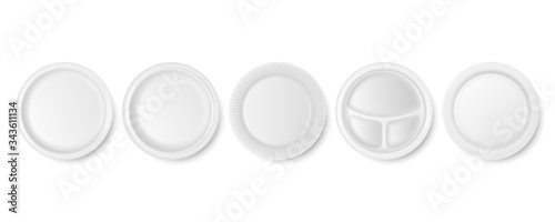 Vector 3d Realistic White Porcelain, Plastic or Paper Disposable Food Dish Plate Icon Set Closeup Isolated. Top View. Design template, Mock up for Graphics, Branding Identity, Printing, etc