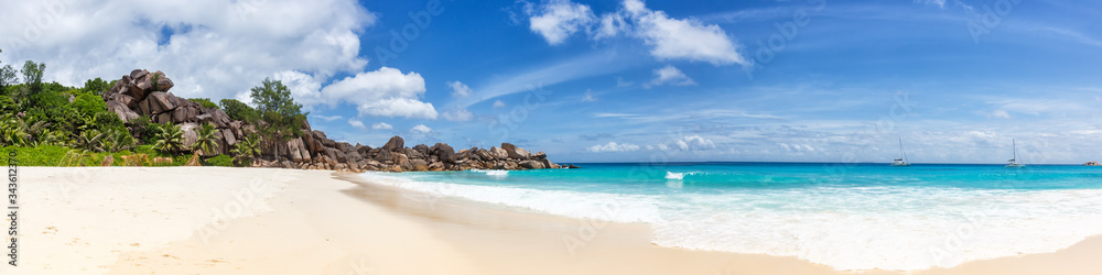 Seychelles Grand Anse beach La Digue island panoramic panorama view vacation holidays travel traveling