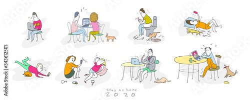 A set of vector illustrations. Quarantine 2020, people stay at home and communicate on the Internet.