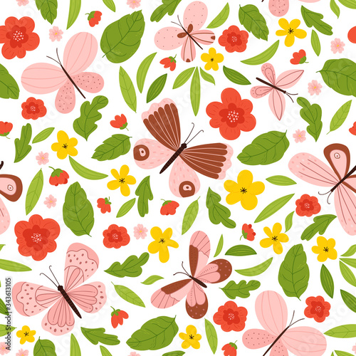 Bright summer seamless pattern with butterflies, flowers and leaves.