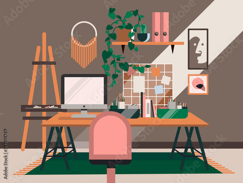 Work from home - Home office. Freelance artist workspace with computer, mind map, easel, folders, plants, brushes, paintings and carpet. Vector illustration. Artist's illustrator's creative workspace.
