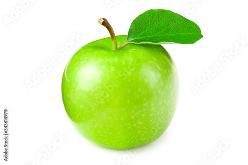 one green apple with green leaves isolated on white background