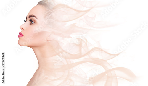 Canvas Print Portrait of young woman and smoky texture dissolving.