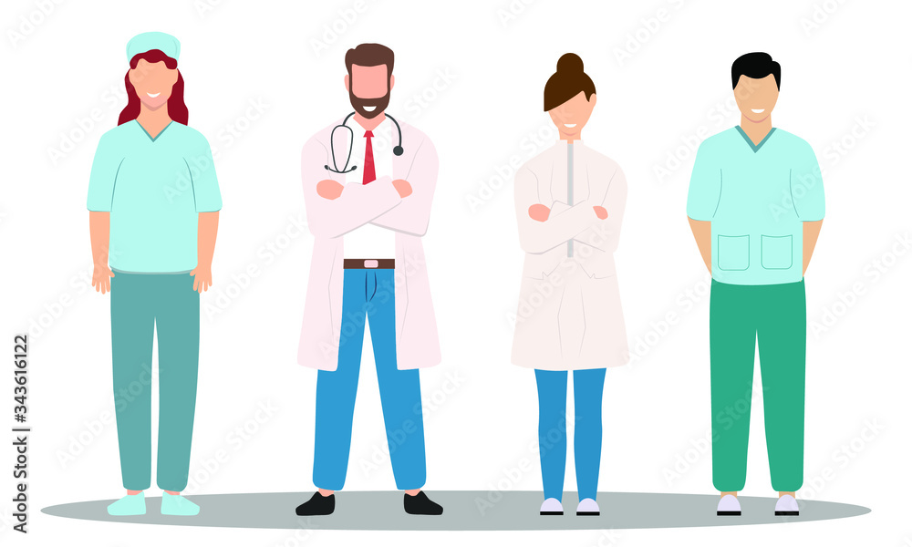 Vector illustration. Group of hospital medical staff standing together. Male and female medicine workers - doctors, doctors, paramedics, nurses isolated on white background. Vector illustration. Group of hospital medical staff standing together. Male and female medicine workers - doctors, doctors, paramedics, nurses isolated on white background.
