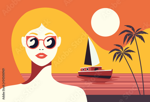 beautiful woman fashionable with sunglasses in seascape