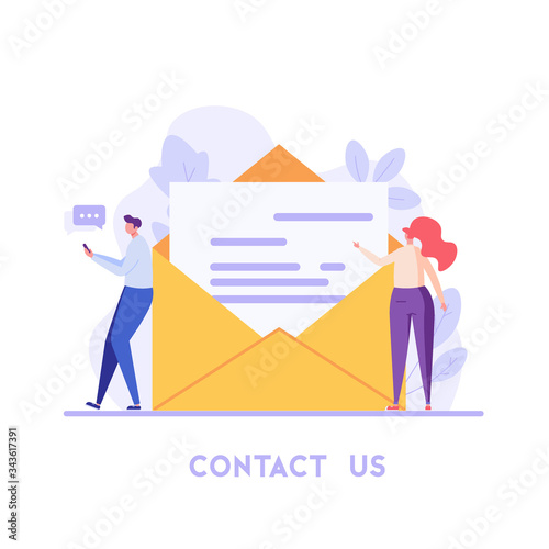 People using mobile phone and writing mail. Contact us banner. Concept of online support, customer support, email marketing. Vector illustration for UI, web banner, mobile app