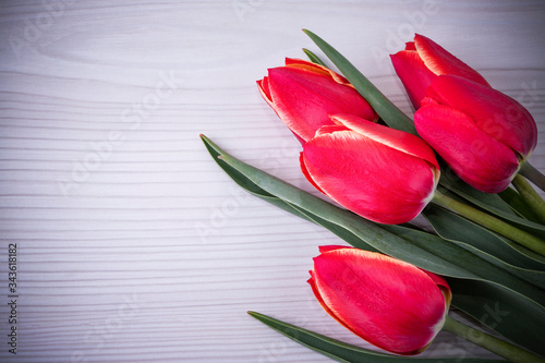 Background with flowers and place for text. Red tulips on a light wood background