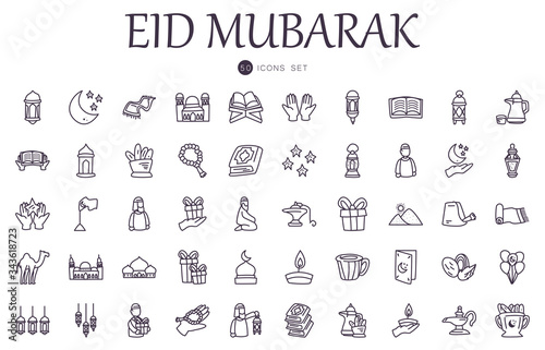 Eid mubarak line style icon set