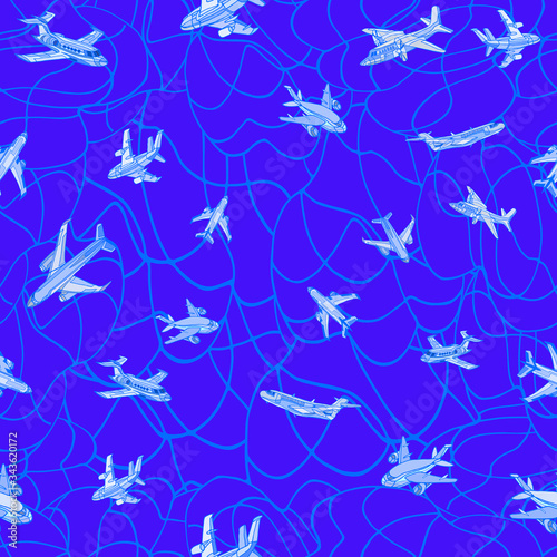 Abstract illustration featuring fantasy airplanes, clouds, sun, stars and destinations. Abstract travel or holidays blue background. Hand drawn. © abyrvalg_00