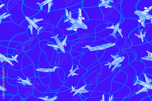Abstract illustration featuring fantasy airplanes  clouds  sun  stars and destinations. Abstract travel or holidays blue background. Hand drawn.