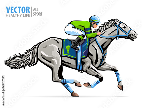 Jockey on racing horse. Sport. Champion. Hippodrome. Racetrack. Equestrian. Derby. Speed. Isolated on white background. Vector illustration