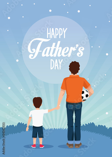 fathers day card with dad and son and balloon soccer
