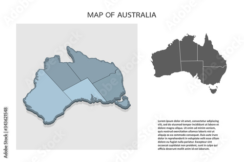 Isometric 3D map of Australia with regions. Political country map in perspective with administrative divisions and pointer marks. Detailed map of Australia. Infographic element for Website, app,Travel