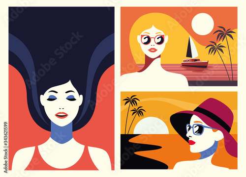 group of beautiful women in seascape flat scenes