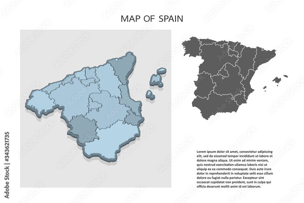 Isometric 3D map of Spain with regions. Political country map in perspective with administrative divisions and pointer marks. Detailed map of Spain. Infographic elements for Website, app, UI,Travel