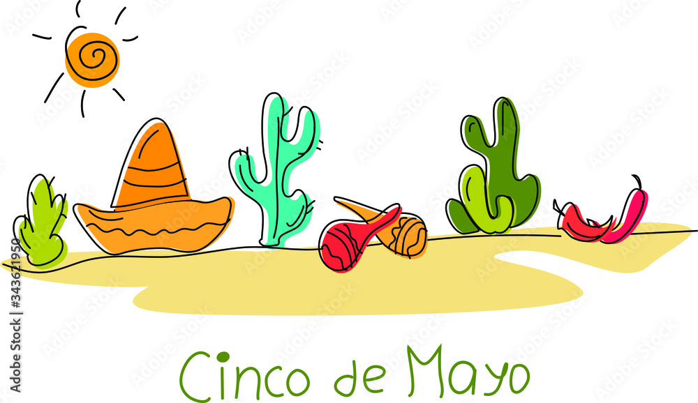Cinco de Mayo . Fiesta banner and poster design with flags, flowers, decorations. Hand draw vector 