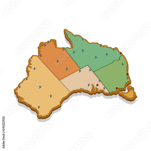 Isometric 3D map of the Australia. Isolated political country map in perspective with administrative divisions and pointer marks. Detailed map of Australia with regions. Concept for infographic.Vector