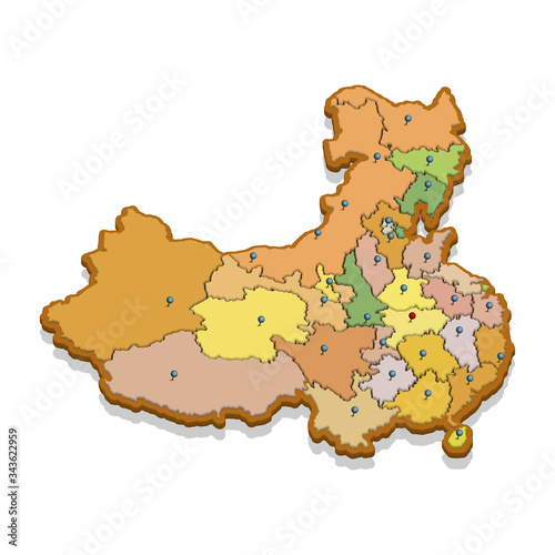 Isometric 3D map of the China with regions. Isolated political country map in perspective with administrative divisions and pointer marks. Detailed map of China. Concept for infographic.Vector EPS 10.