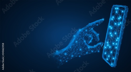 Smartphone, network of contacts. Touch the phone screen with your hand. Low-poly model. Blue background.