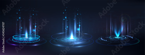 Portal and hologram futuristic circle elements. Sky-fi digital hi-tech collection in HUD style. Magic circle teleport podium. GUI, UI virtual reality projector. Abstract hologram technology. Vector